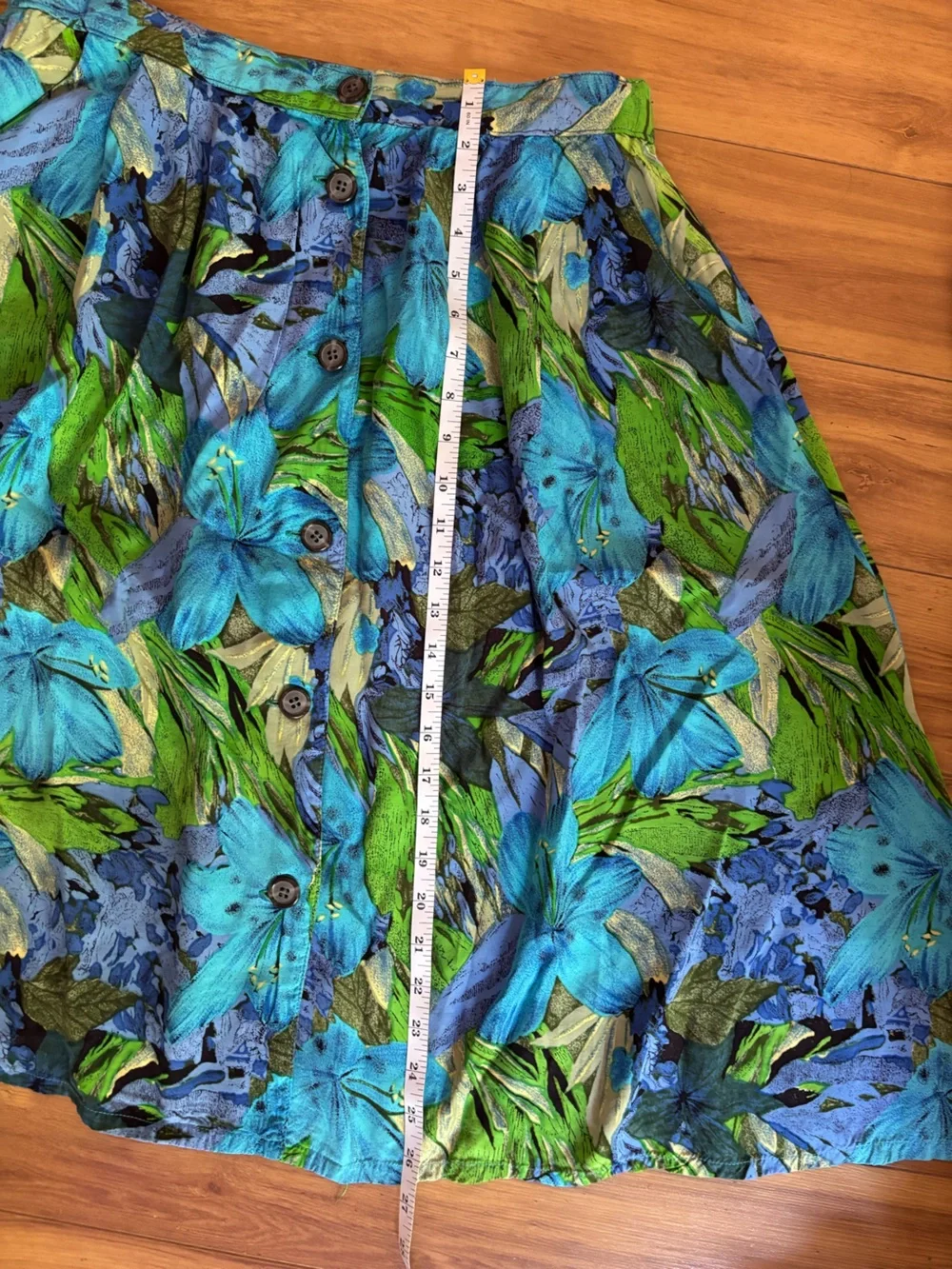 Vintage Lyceene Floral Button-Down Midi Skirt Blue Green M Resort Maximalist